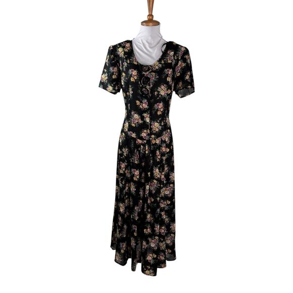 Vintage 1990s Floral Button Front Tie back Cottagecore Maxi Dress L - Picture 4 of 9